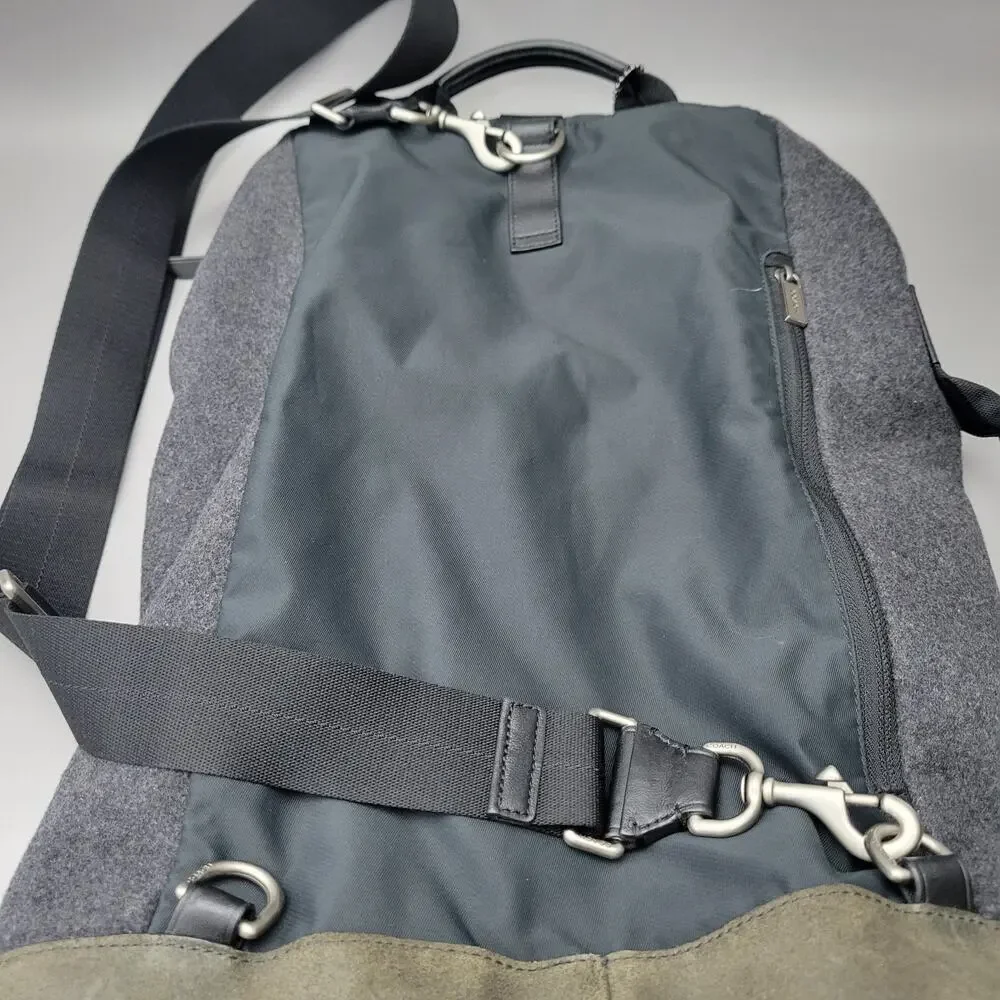 Coach Mens Varick Flap Backpack Mixed Fabic Wool Leather Black Metal Buckle Rare